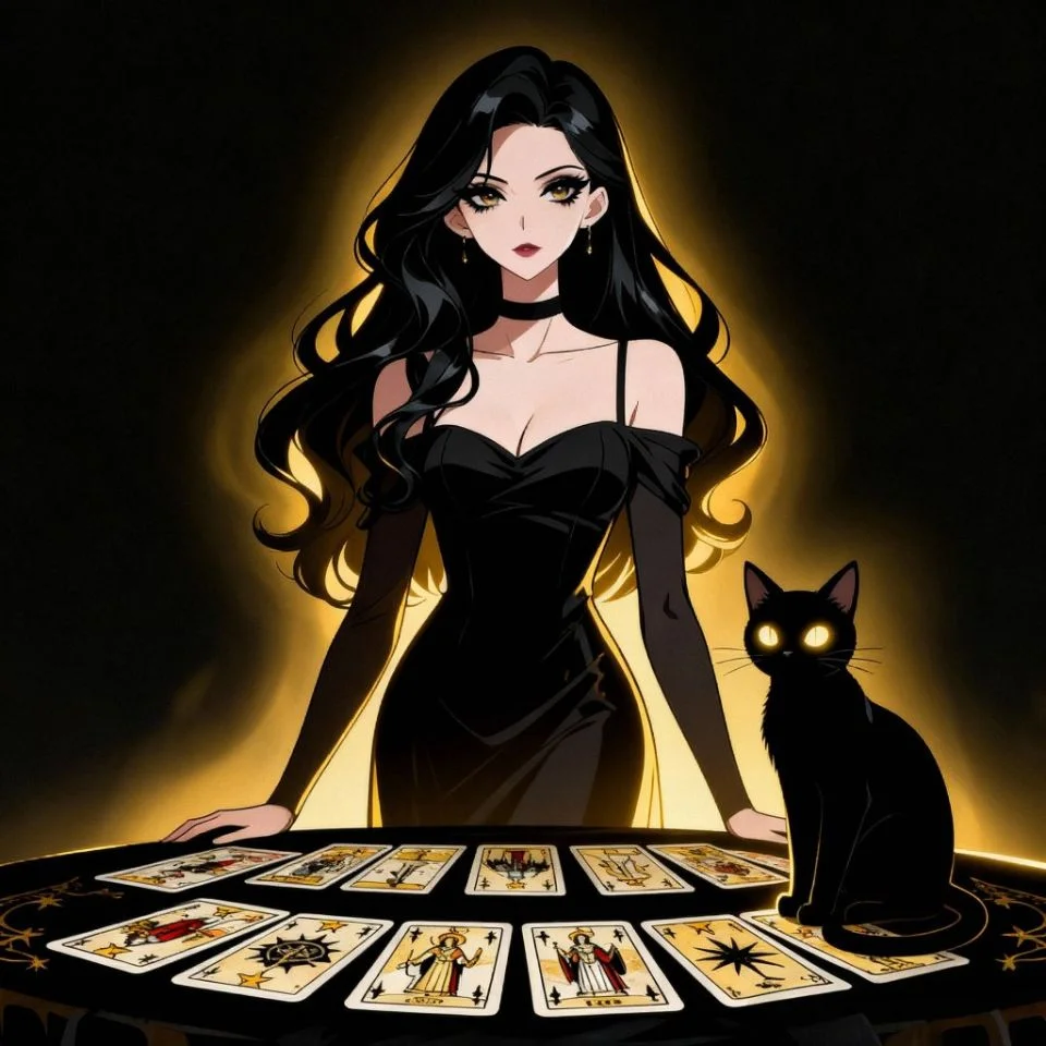 black-cat-pfp-girl-tarot-cards-mystical-aesthetic Black cat girl pfp with tarot cards showing mystical witch aesthetic for spiritual Discord and Instagram avatars