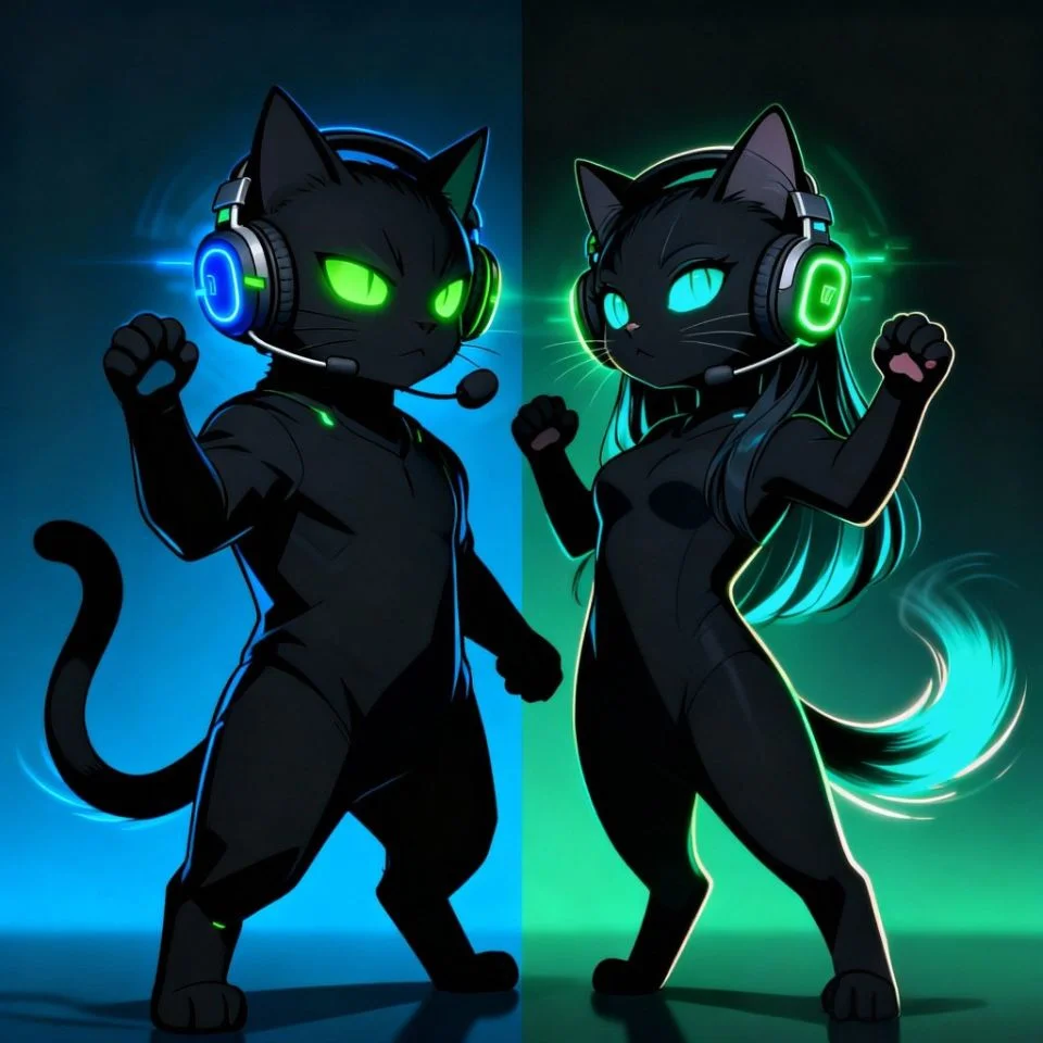 black-cat-pfp-matching-gaming-duo-headset-left Gaming duo matching black cat pfp with headset perfect for Discord gaming couples and friend avatars