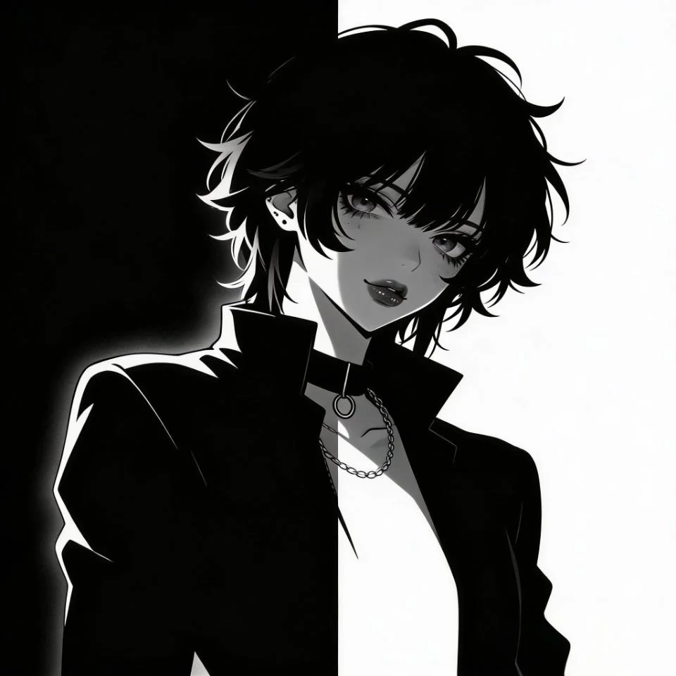 black-white-emo-pfp-high-contrast-dramatic-shadows Black and white emo pfp with high contrast and dramatic shadows for minimalist Discord and Instagram profile pictures