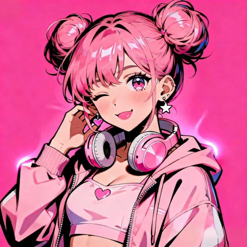 cute-pink-anime-pfp-girl-headphones-kawaii Adorable pink anime girl pfp wearing oversized headphones with bubblegum hair for cute Discord avatar aesthetic