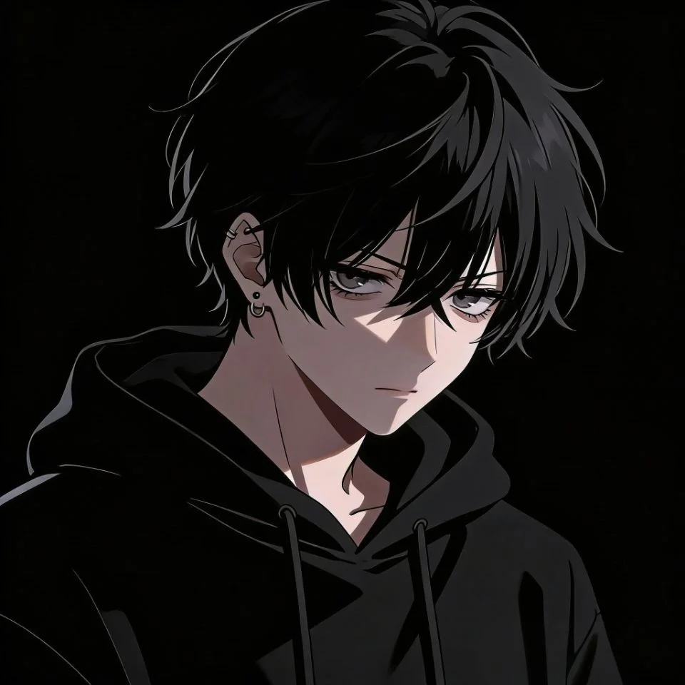 emo-anime-pfp-boy-dark-hair-intense-eyes Emo anime boy pfp with dark layered hair and intense emotional eyes perfect for Discord and gaming profile pictures