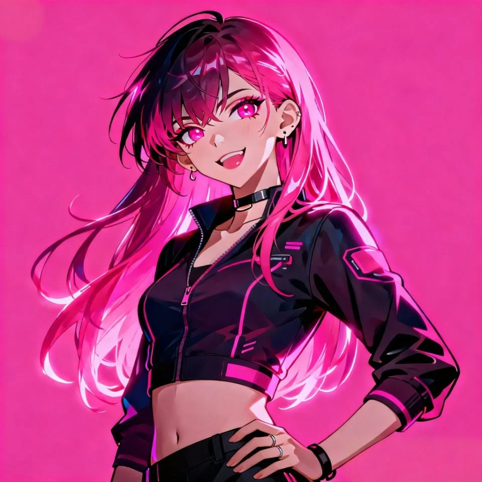 hot-pink-pfp-anime-girl-neon-hair-vibrant Neon pink anime girl pfp with electric magenta hair and bold expression showing confident energy for Discord avatar