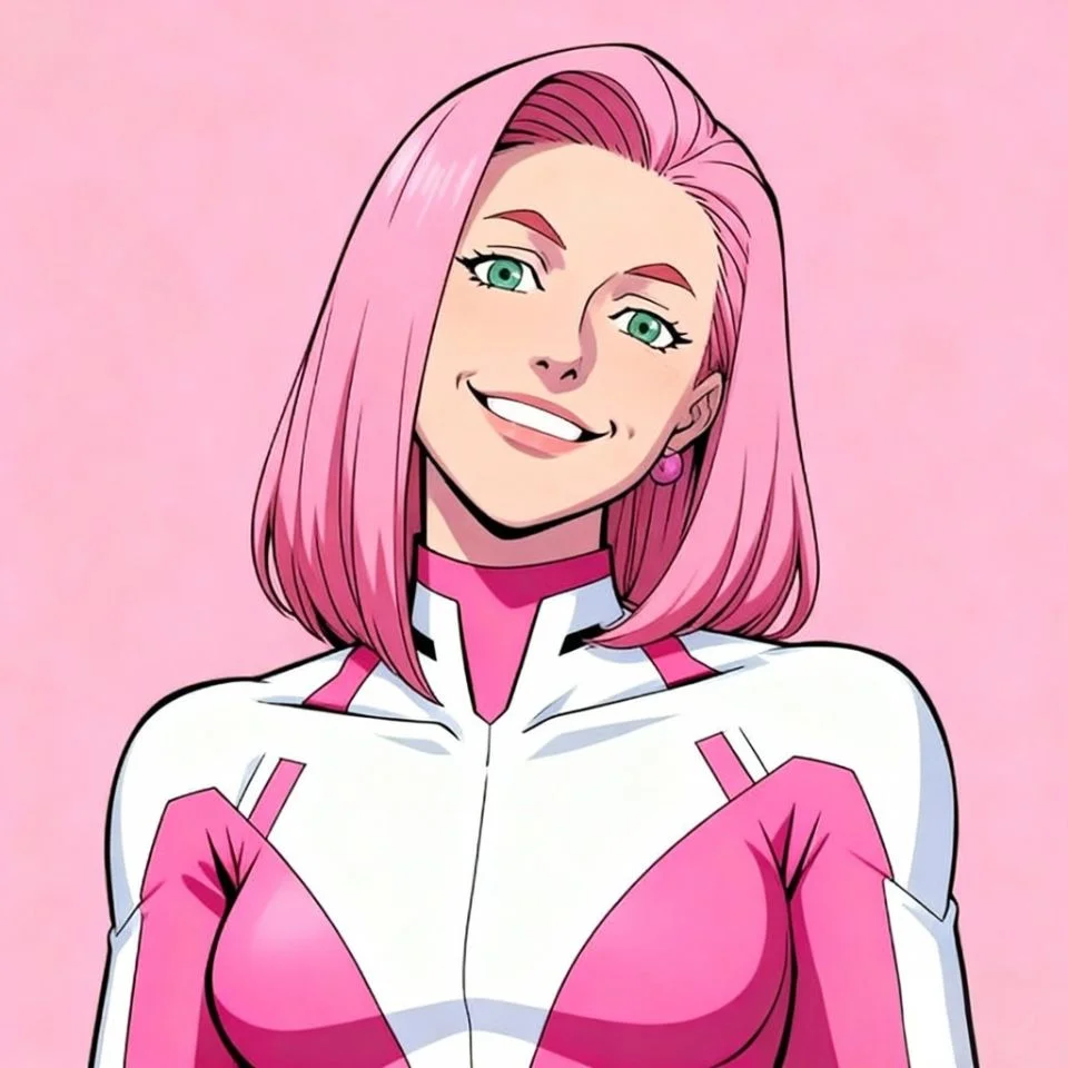 invincible-pfp-atom-eve-smiling-friendly-pink-costume-approachable Friendly smiling Atom Eve invincible pfp in pink white suit with warm approachable vibe for community Discord avatar