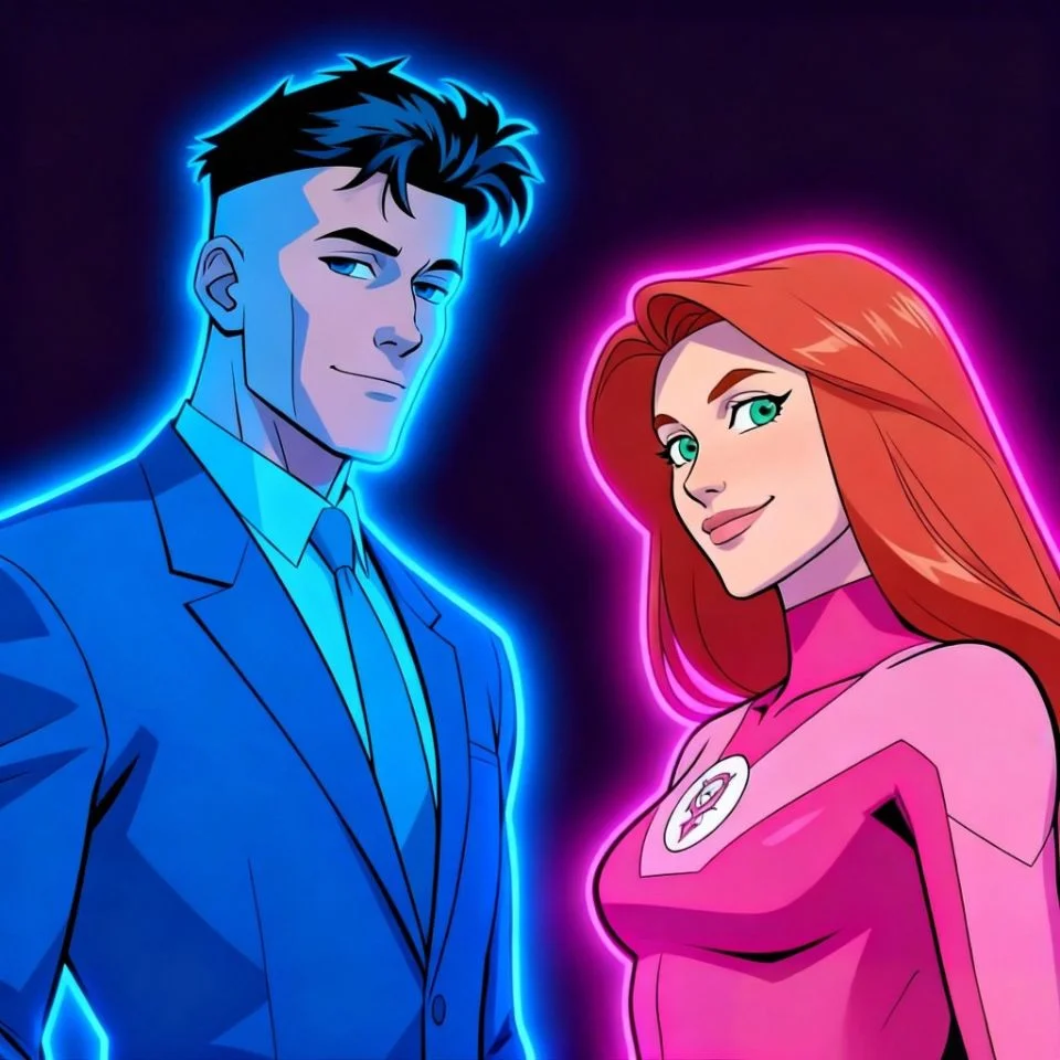 invincible-pfp-mark-eve-matching-couple-romantic-gaze-blue-pink Mark and Eve matching couple invincible pfp with romantic gaze in blue pink colors for relationship profile pictures