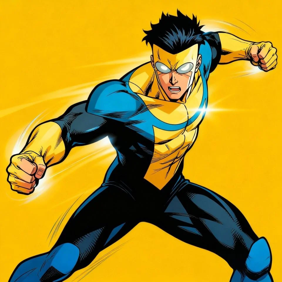 invincible-pfp-mark-grayson-action-pose-comic-style-yellow-blue Dynamic action pose invincible pfp of Mark Grayson in comic book style with blue and yellow colors for gaming profile