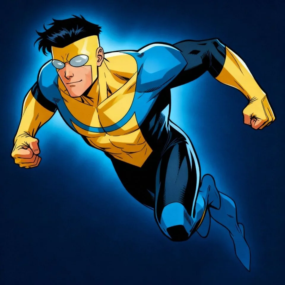 invincible-pfp-mark-grayson-classic-blue-yellow-suit-flying Classic Mark Grayson invincible pfp in iconic blue and yellow suit flying with confident expression for Discord profile