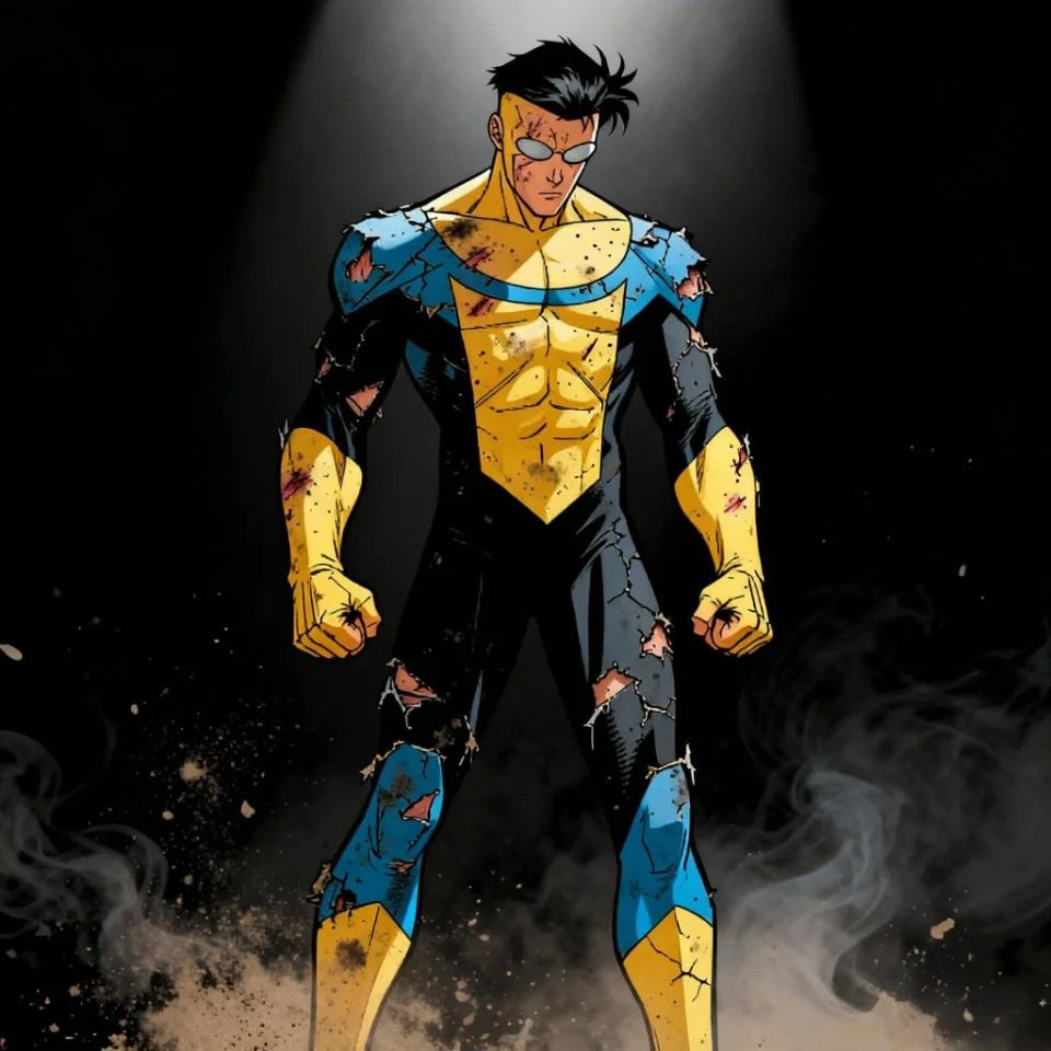 invincible-pfp-mark-variant-battle-damaged-war-torn-multiverse-survivor Battle-damaged Mark variant invincible pfp showing war-torn multiverse survivor with scars for veteran gamer profile