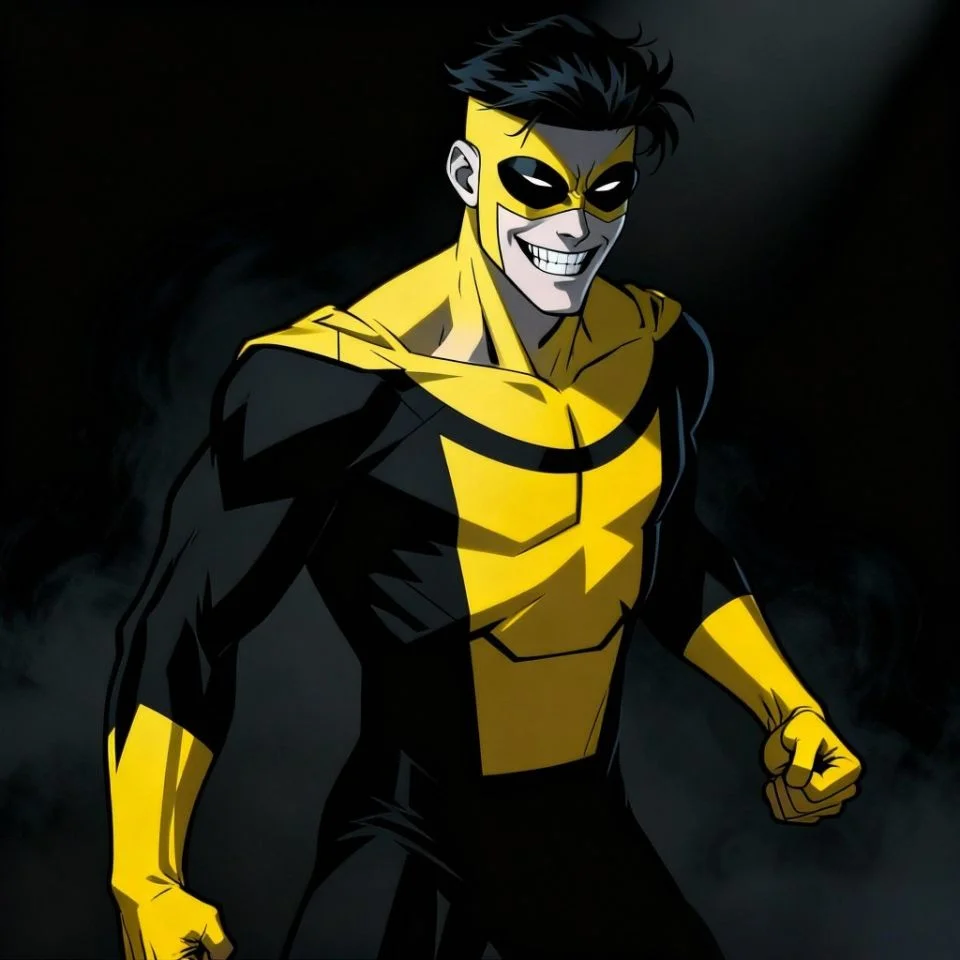 invincible-pfp-sinister-mark-black-yellow-suit-menacing-grin Sinister Mark invincible pfp with menacing grin in black and yellow villain suit perfect for dark Discord profile