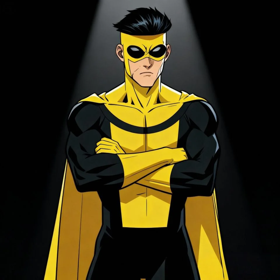 invincible-pfp-sinister-mark-conquerer-pose-yellow-black-dominant Dominant conqueror Sinister Mark invincible pfp in yellow black suit with powerful stance for authority profile pic