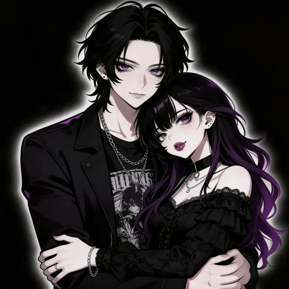 matching-emo-couple-pfp-anime-style-boy-girl-romantic Matching emo anime couple pfp featuring boy and girl in romantic pose for aesthetic Discord and Instagram duo avatars