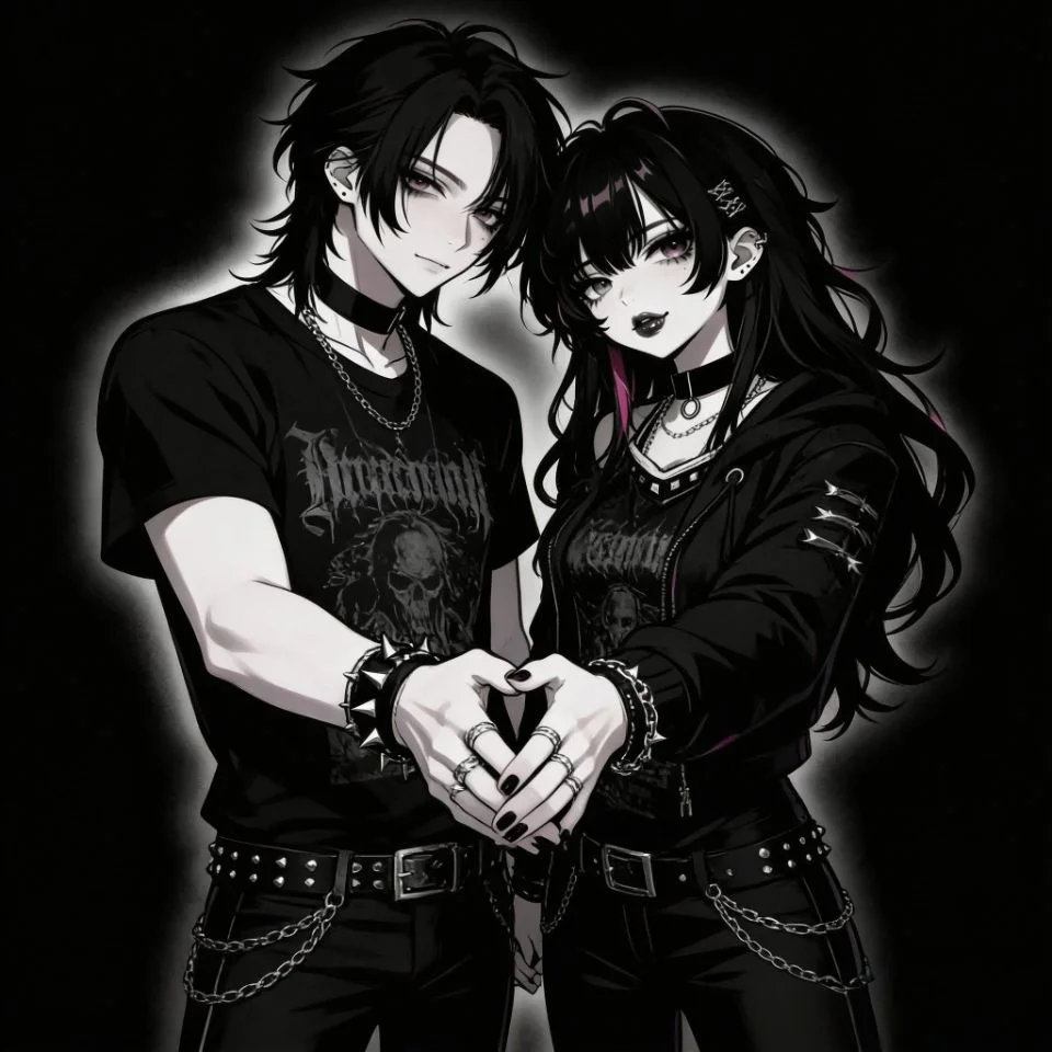 matching-emo-couple-pfp-holding-hands-dark-aesthetic Matching emo couple pfp showing holding hands with dark aesthetic for romantic Discord and TikTok duo profile pictures