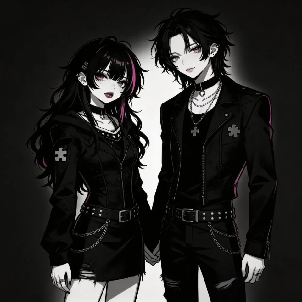 matching-emo-couple-pfp-puzzle-pieces-connected-hearts Matching emo couple pfp with puzzle pieces and connected hearts for romantic Discord and Instagram duo profile pictures