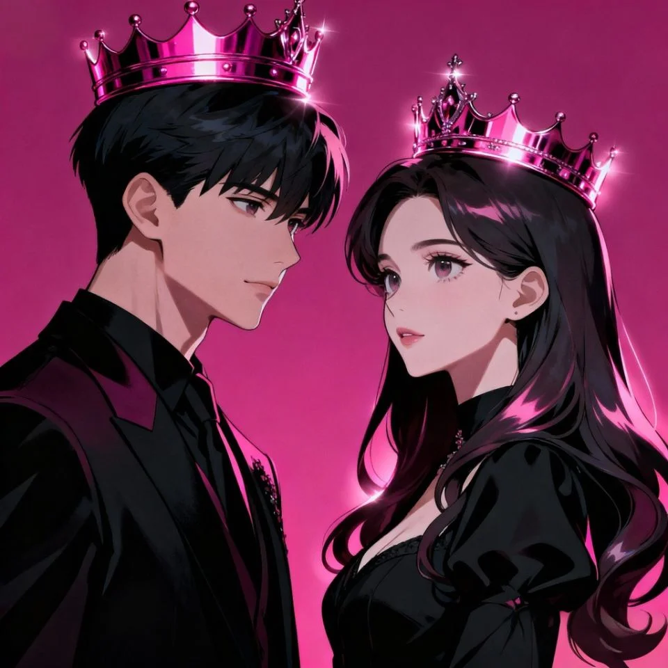 matching-pink-pfp-couple-king-queen-crown Matching pink pfp couple with king and queen crowns showing royal aesthetic for romantic Instagram duo profile pictures