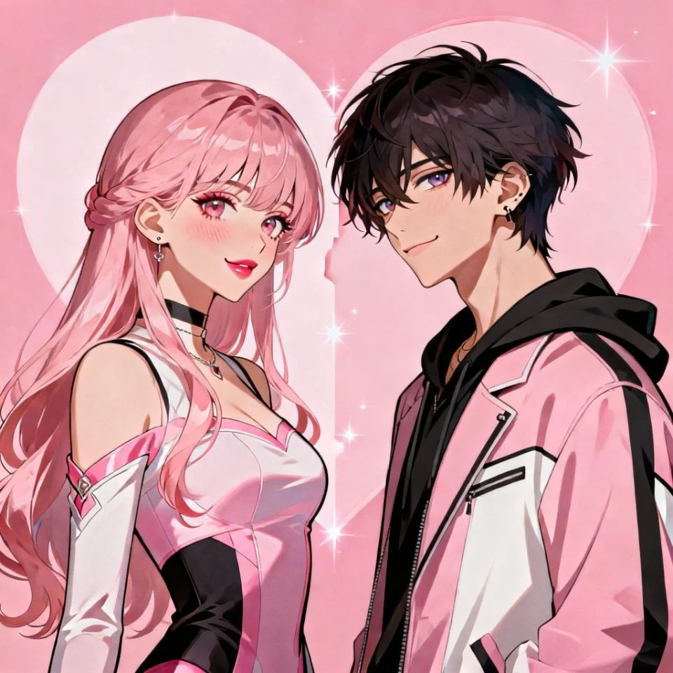 matching-pink-pfp-couple-split-heart-romantic Matching pink pfp couple set with split heart design and romantic aesthetic for Instagram and Discord duo avatars