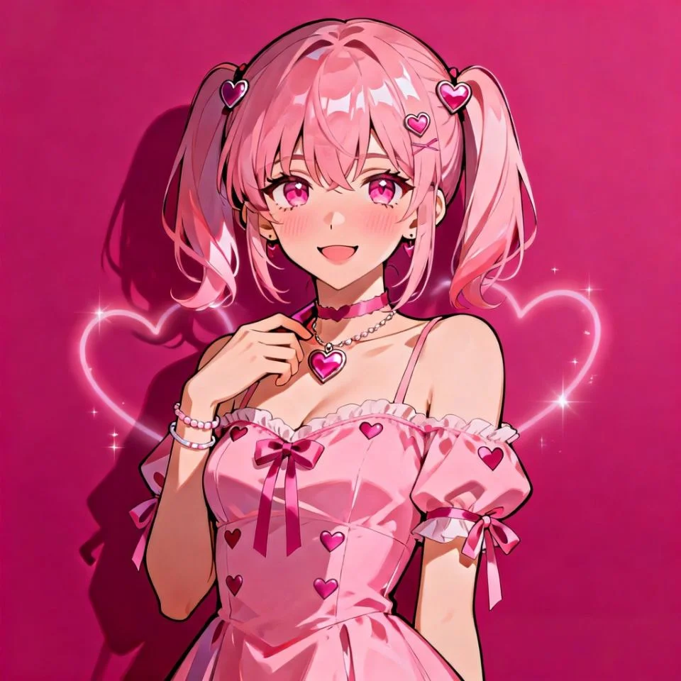 pink-anime-girl-pfp-heart-accessories-valentine-cute Valentine pink anime girl pfp with heart hair clips and rosy cheeks showing adorable expression for cute Instagram avatar