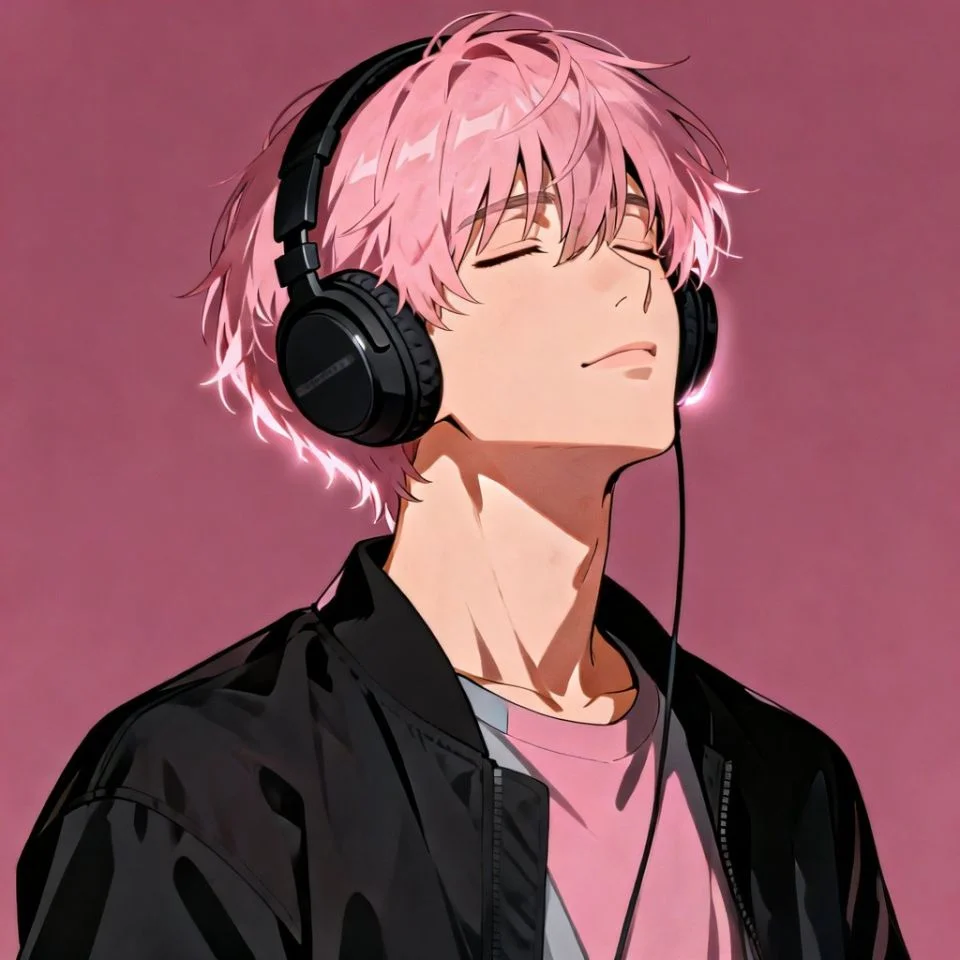 pink-pfp-anime-boy-headphones-music-aesthetic Music aesthetic pink anime boy pfp wearing headphones with chill vibes for Discord and TikTok profile picture