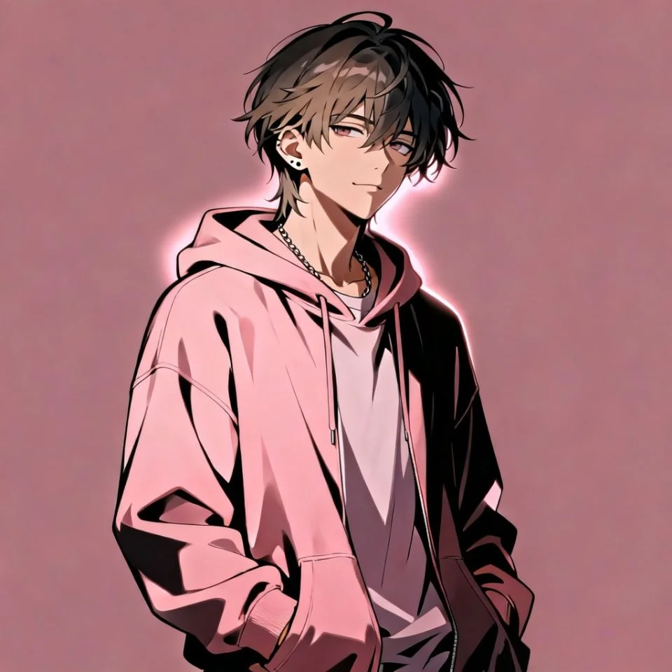 pink-pfp-anime-boy-hoodie-streetwear-aesthetic Streetwear pink anime boy pfp wearing pastel hoodie with urban aesthetic for cool Instagram and Discord profile
