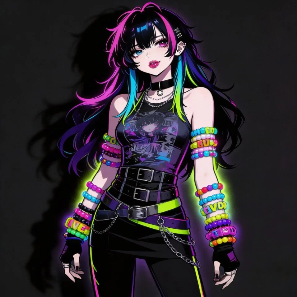 scene-emo-pfp-kandi-bracelets-rave-colorful-accessories Scene emo pfp with kandi bracelets and colorful rave accessories for vibrant alternative Discord and TikTok profiles