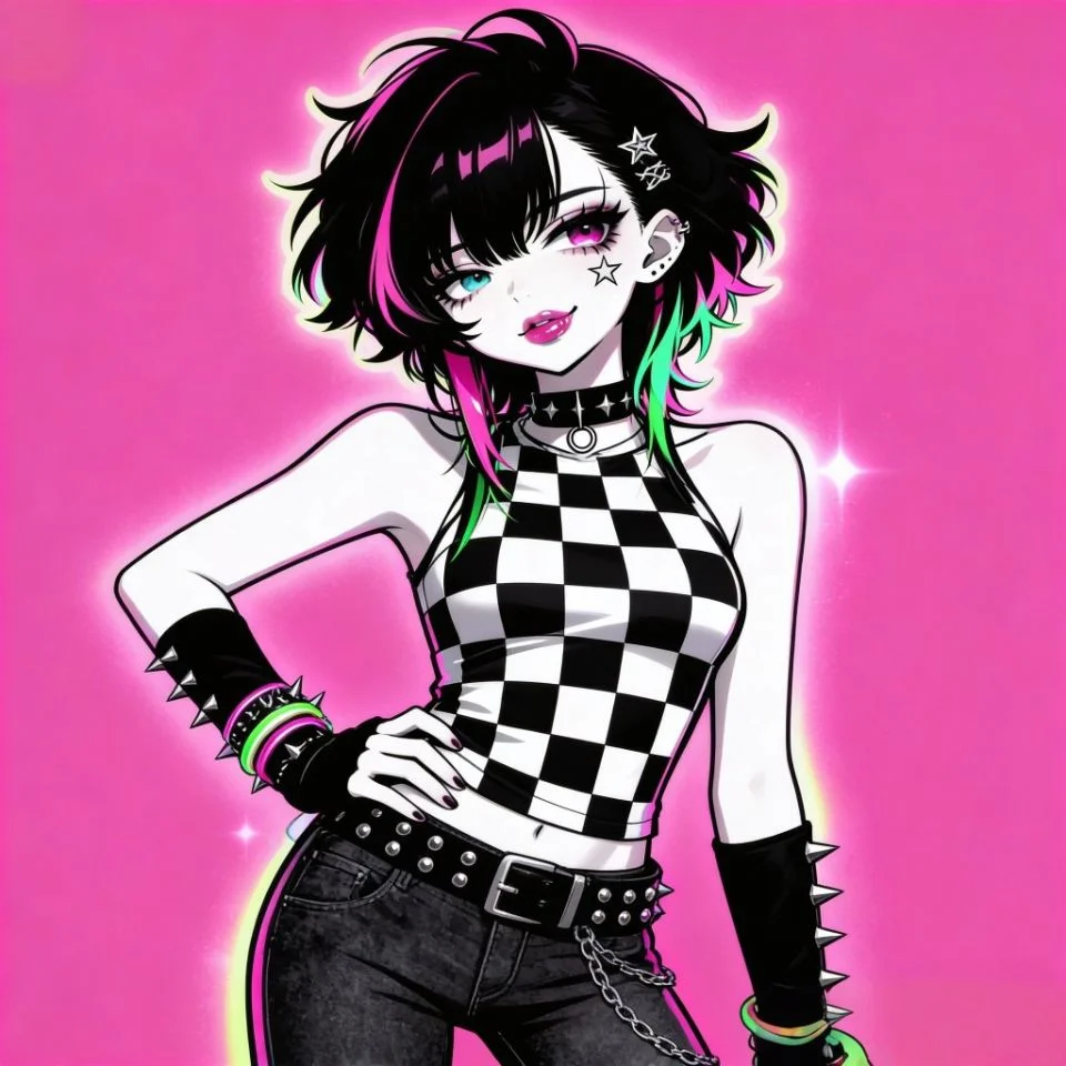 y2k-emo-pfp-checkerboard-pattern-neon-accents Y2K emo pfp with checkerboard pattern and neon accents for 2000s nostalgic Discord and TikTok profile pictures