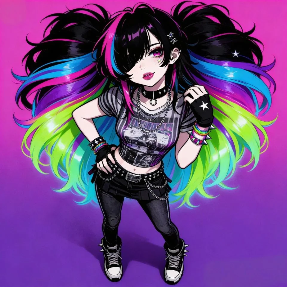 y2k-emo-pfp-rainbow-scene-hair-colorful-retro Y2K scene emo pfp with rainbow colored hair and colorful retro aesthetic for nostalgic Instagram and Discord avatars