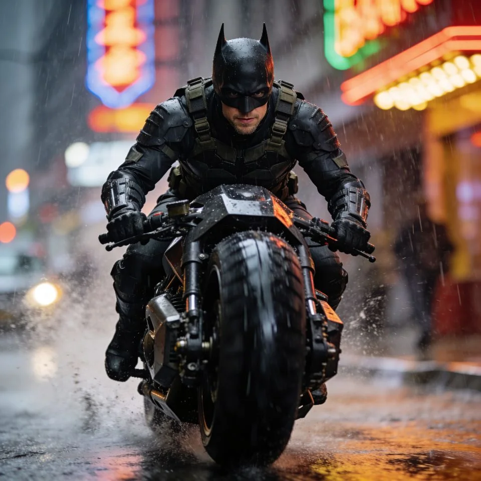 Batman 2022 pfp robert pattinson on motorcycle during chase scene with motion blur for dynamic TikTok profile picture cool