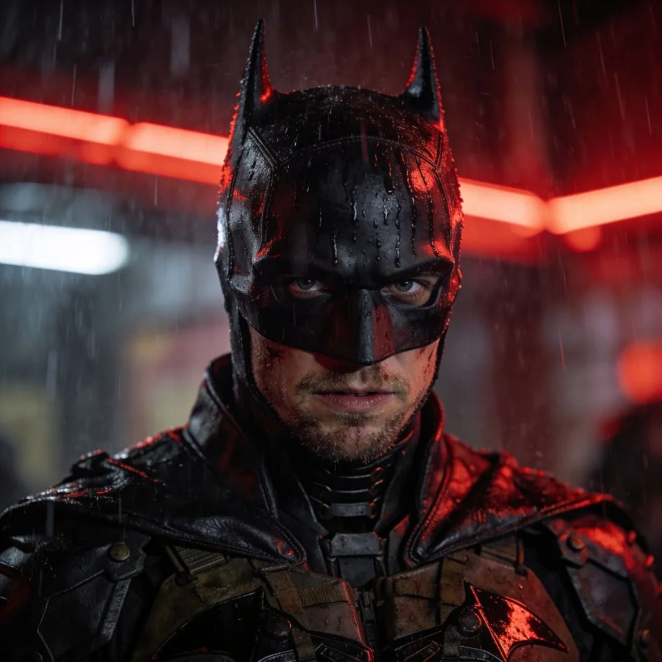 Batman 2022 pfp robert pattinson in rain with red neon lighting and intense stare for cinematic aesthetic Discord profile