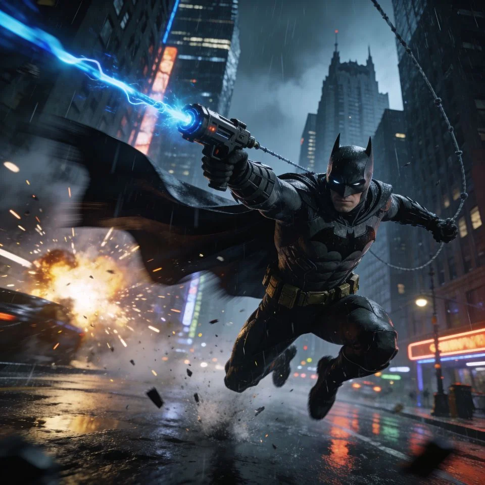 Batman arkham pfp showing dynamic action pose with grapnel gun against Gotham cityscape for gaming TikTok profile picture cool