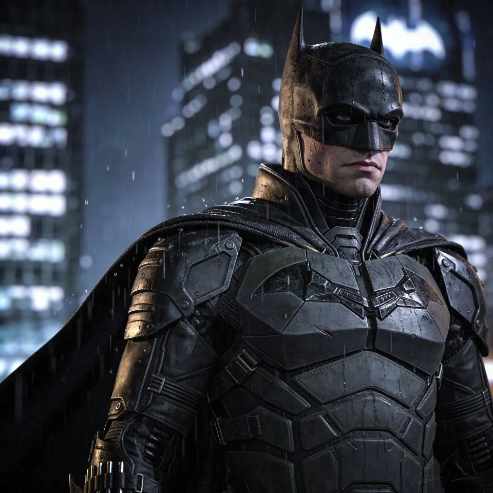 Batman arkham knight pfp showing detailed armor plating and battle damage in rain for gaming Discord profile picture avatar