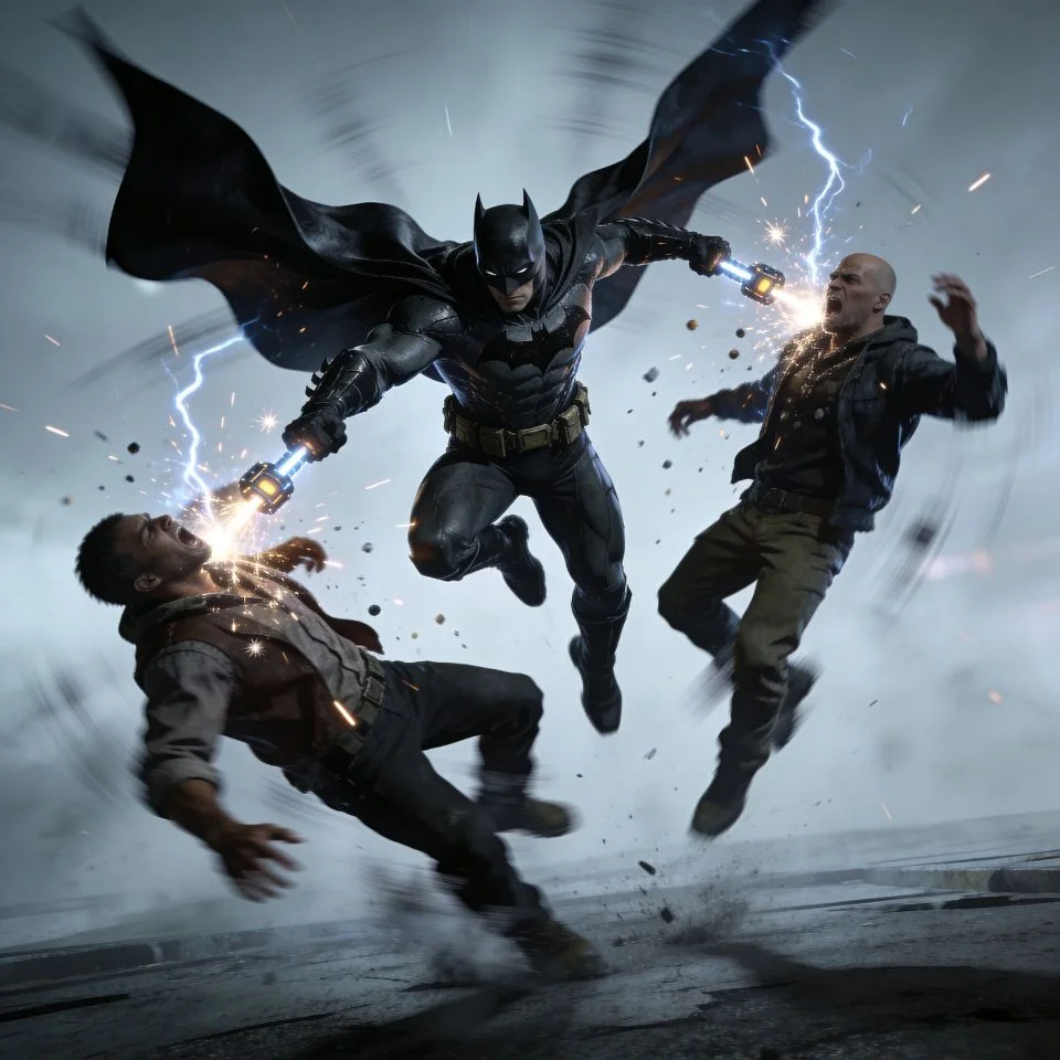 Arkham knight batman pfp showing fear takedown combat move with enemies for intense gaming Discord profile picture cool