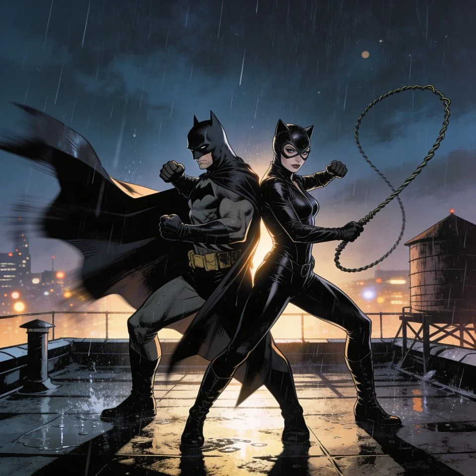 Batman and catwoman matching pfp standing back to back in action pose for powerful Discord couples profile picture duo avatar