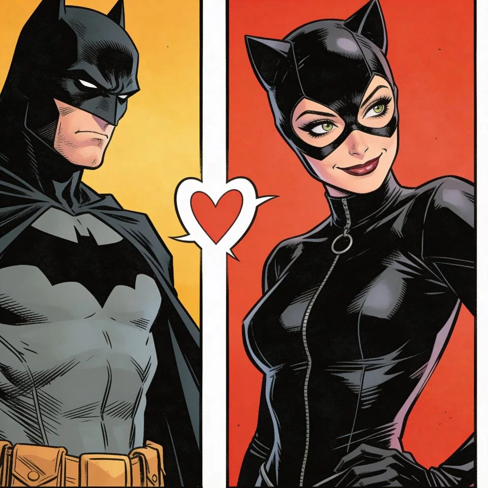Batman catwoman matching pfp comic book art style showing playful flirting and chemistry for fun TikTok couples profile pics