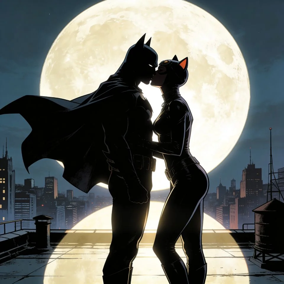 Batman and catwoman matching pfp romantic rooftop kiss silhouette against moon for couples Discord profile picture duo avatar