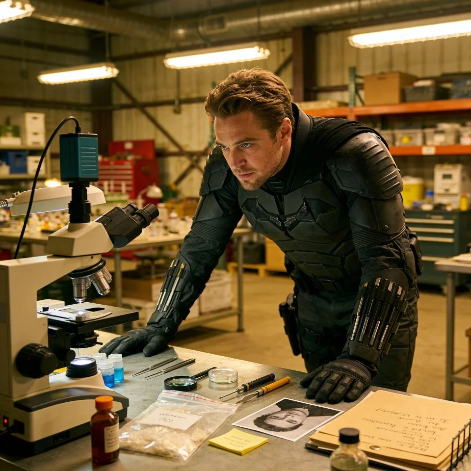Batman 2022 pfp robert pattinson in batcave with forensic tools and detective equipment for unique Discord profile picture film