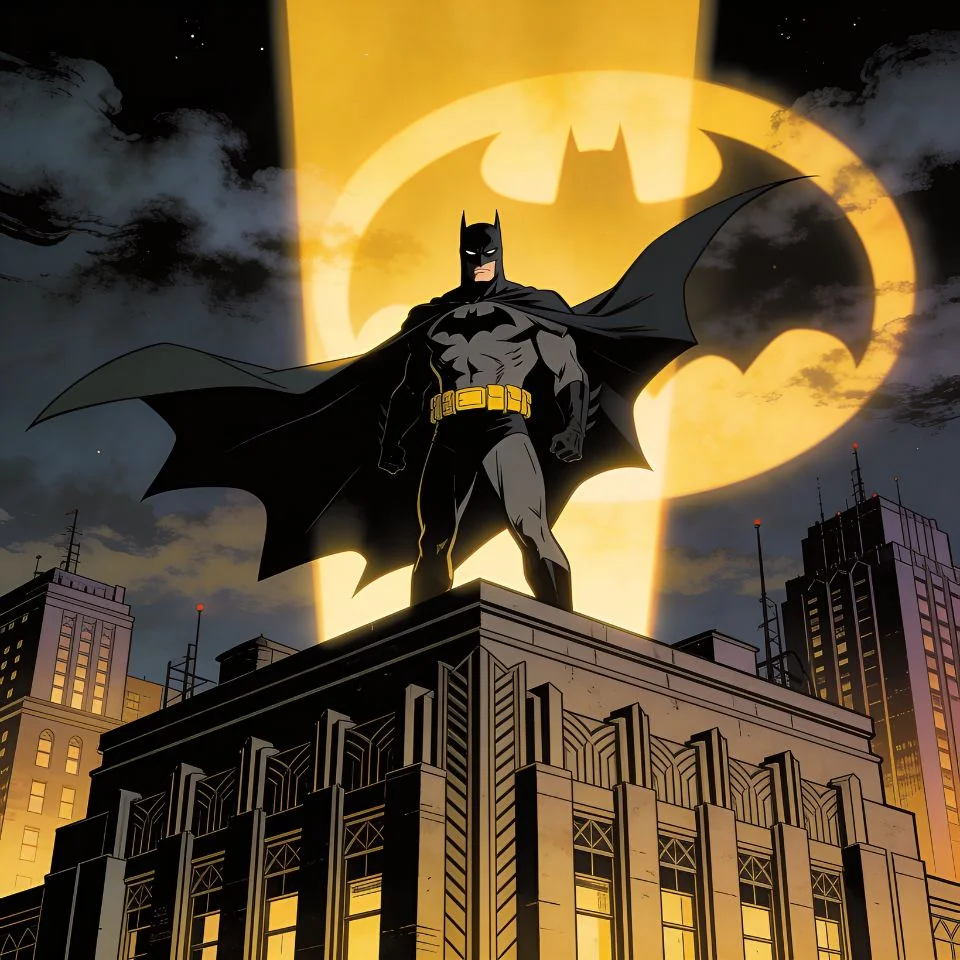 Batman animated series pfp standing before bat signal on rooftop with iconic yellow logo for Instagram retro cartoon avatar