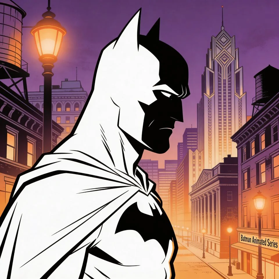 Batman cartoon pfp from animated series showing side profile against Gotham skyline for nostalgic TikTok profile picture