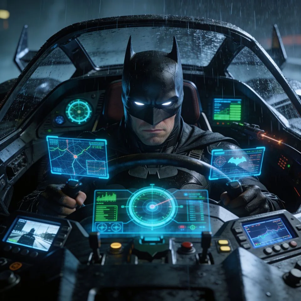 Batman arkham knight pfp in batmobile cockpit with tactical display screens for unique gaming Steam profile picture avatar