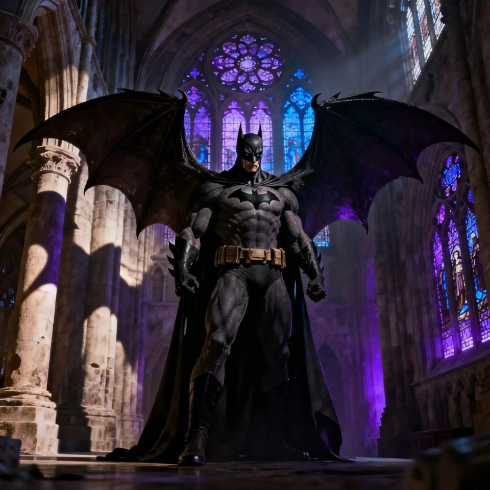 Aesthetic batman pfp showing cape spread like bat wings in gothic cathedral setting for dramatic TikTok profile avatar