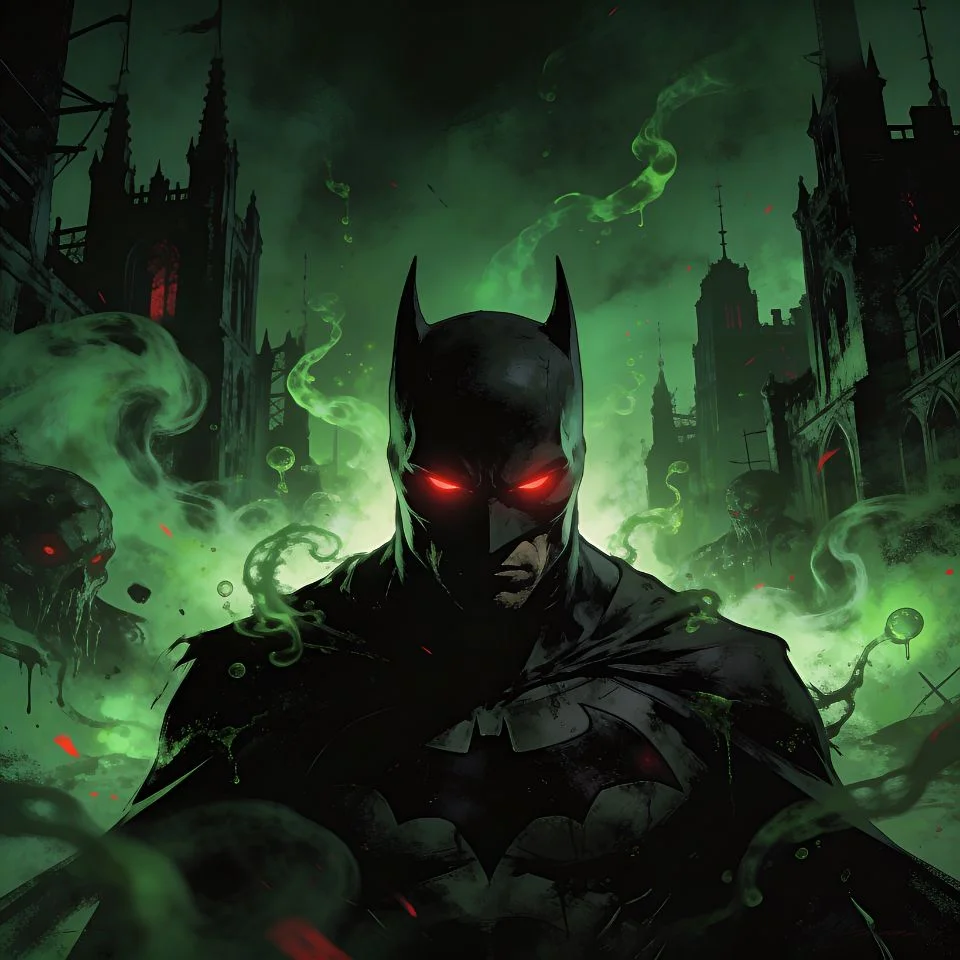 Dark batman pfp with glowing red eyes and fear toxin atmosphere showing villainous edge for unique Discord profile picture