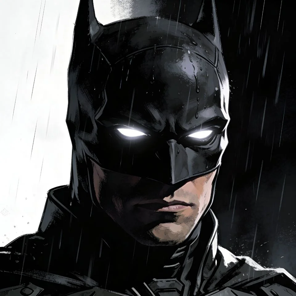 Dark aesthetic batman pfp showing shadowy cowl in rain with intense eyes glowing through darkness for moody Discord avatar