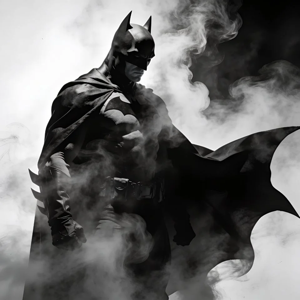 Minimalist dark batman pfp in noir black and white with smoke effects creating mysterious aesthetic for Instagram profile