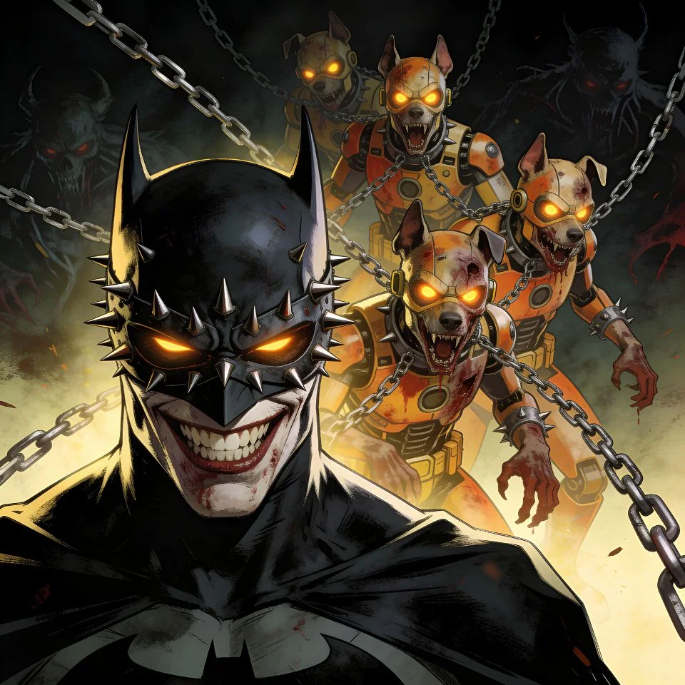 Batman who laughs pfp with chained rabid robins in background dark multiverse aesthetic for edgy TikTok profile picture villain