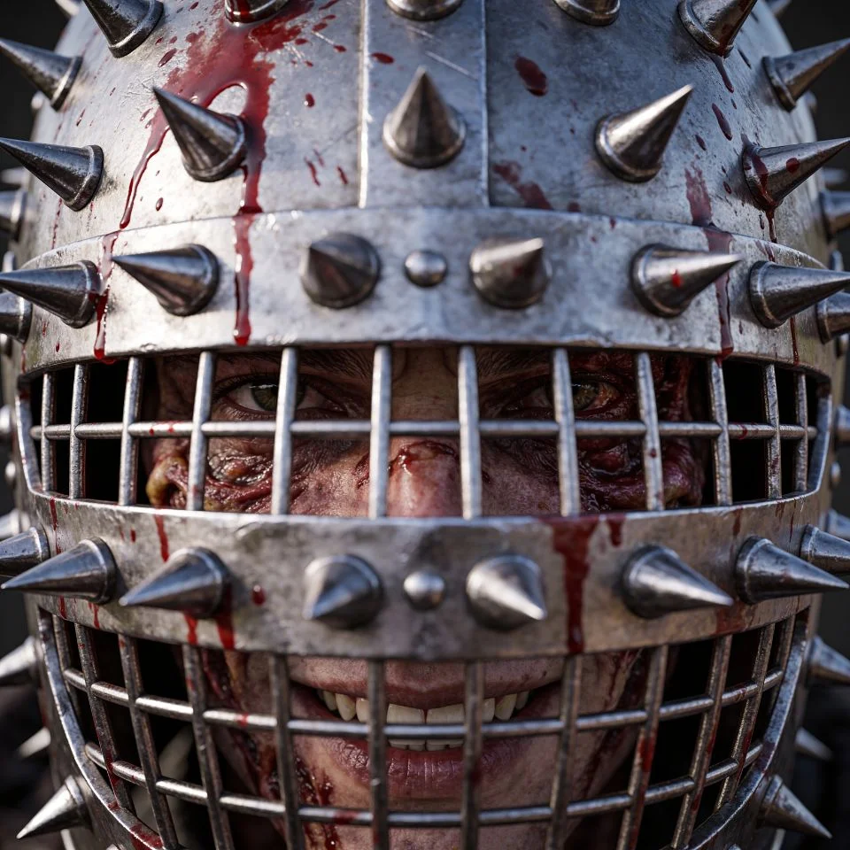Batman who laughs pfp extreme close-up of visor with blood splatter for intense horror Discord gaming profile picture