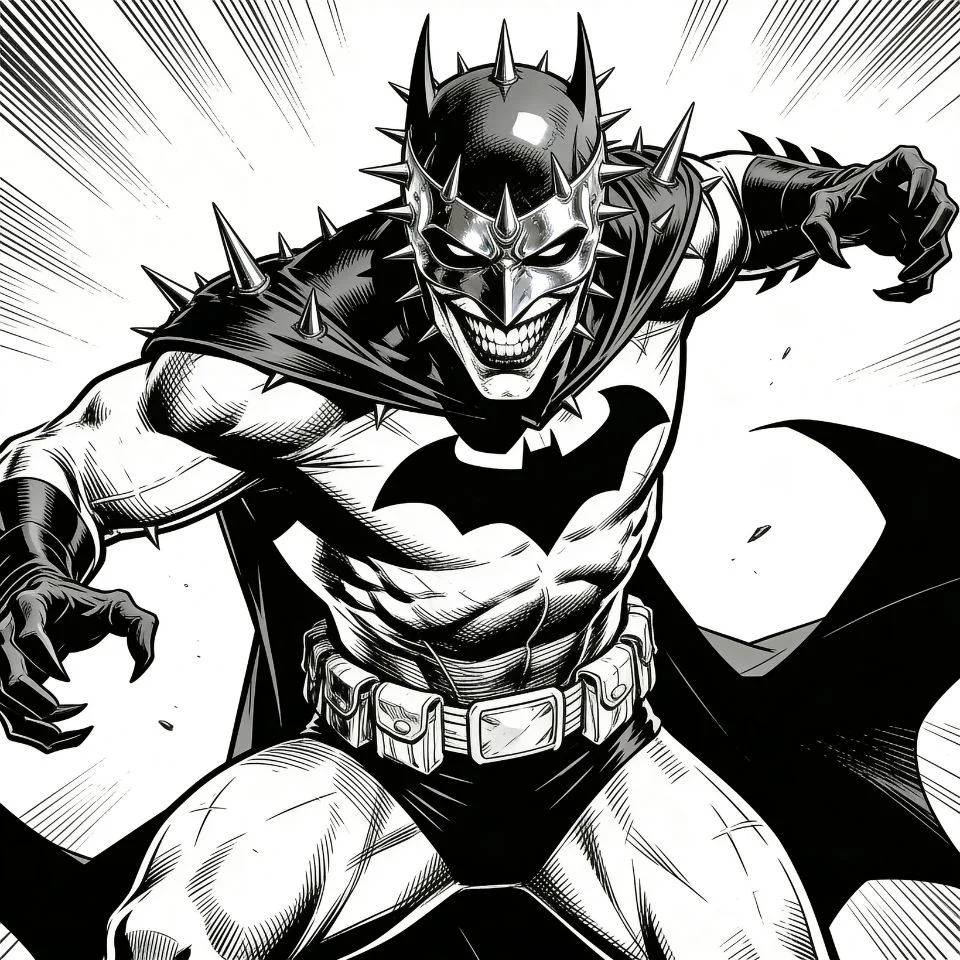 Batman who laughs pfp comic book panel style from dark metal series for artistic Discord profile picture villain aesthetic
