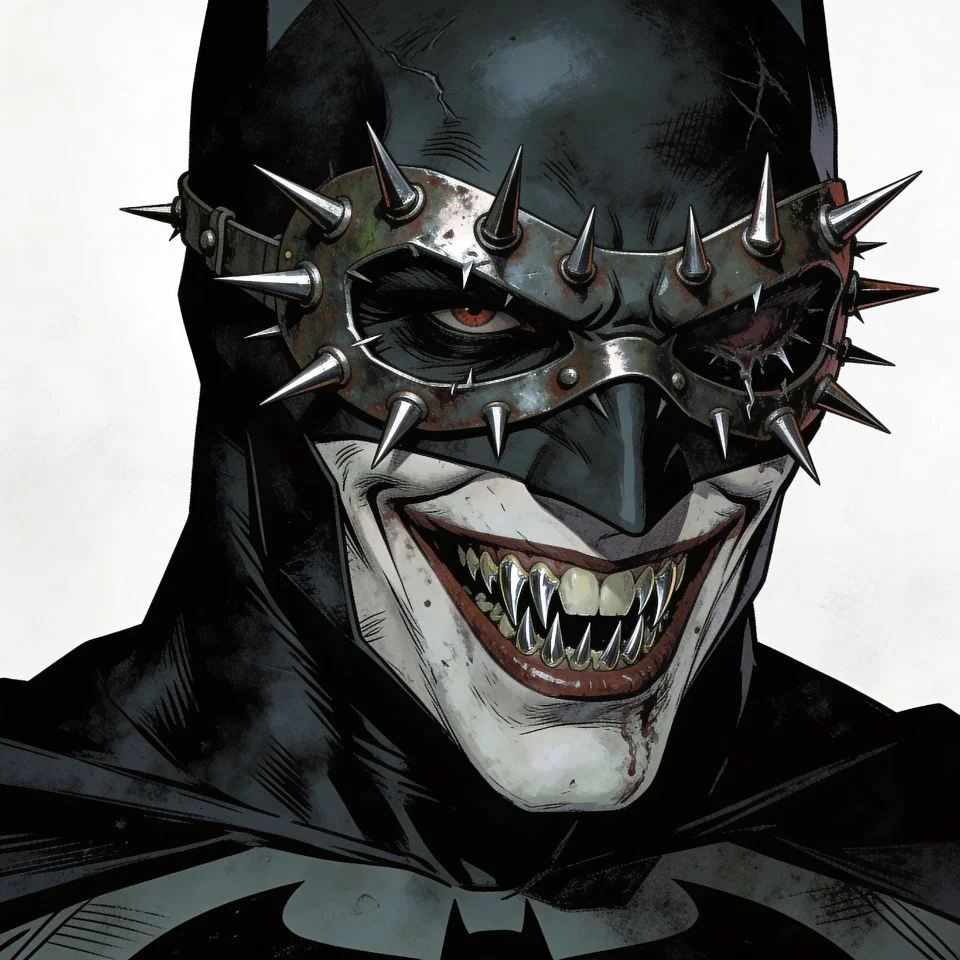 Batman who laughs pfp showing signature spiked visor and metal-toothed grin for dark horror Discord profile picture avatar
