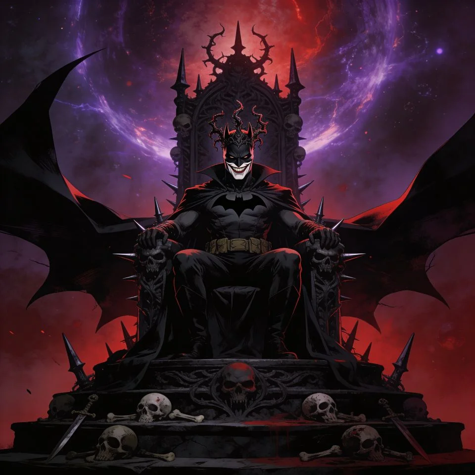Batman who laughs pfp sitting on throne as dark multiverse ruler with crown for villain power Instagram profile picture cool
