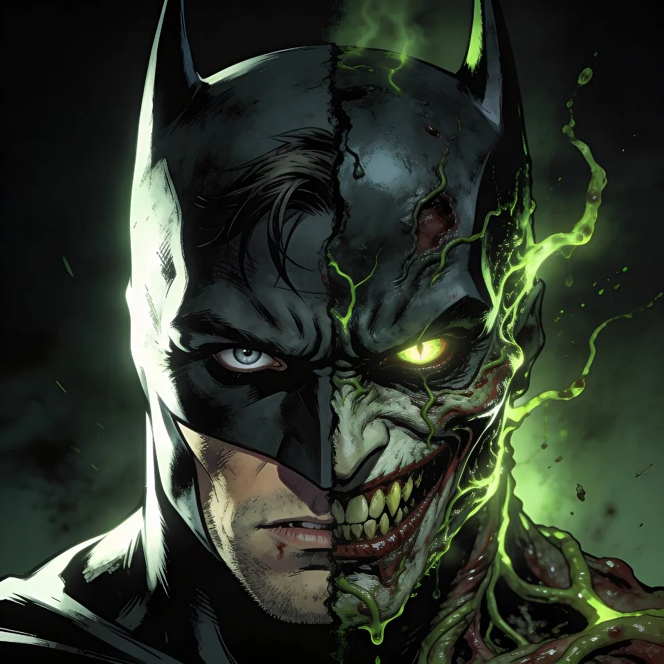 Batman who laughs pfp showing transformation with joker toxin corruption spreading for unique TikTok horror profile picture art