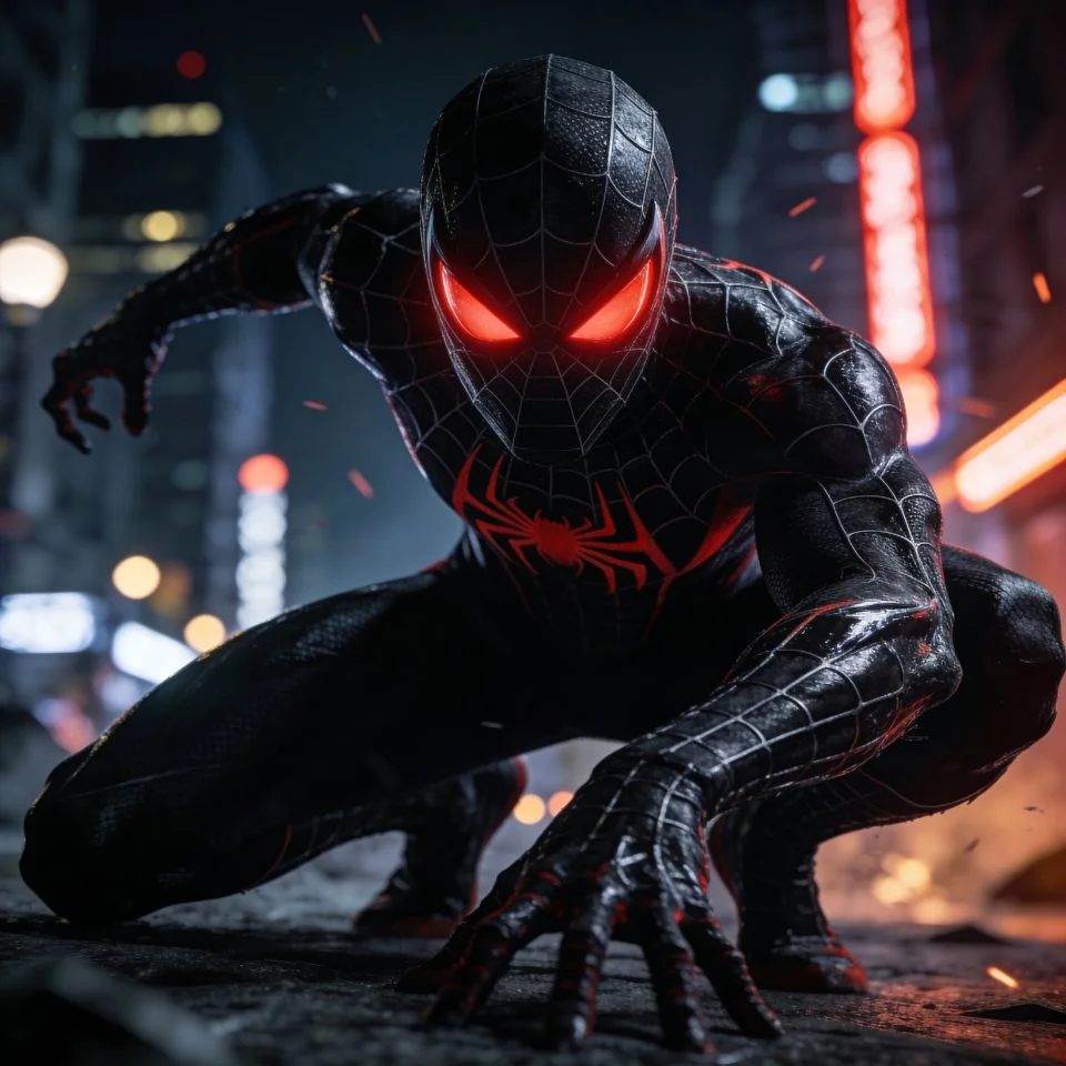 Black spider man pfp with glowing red eyes and aggressive symbiote pose for bold TikTok and Instagram avatars