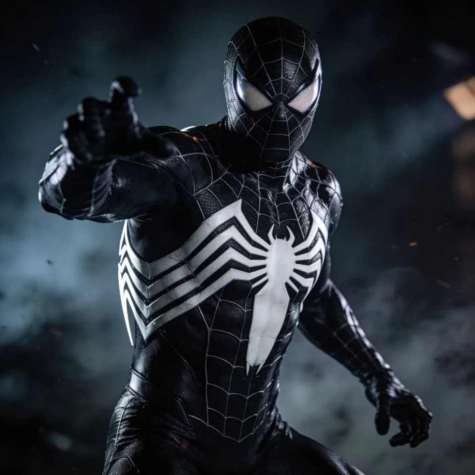 Black suit spider man pfp with white spider logo and symbiote texture on dark background for edgy Discord profiles