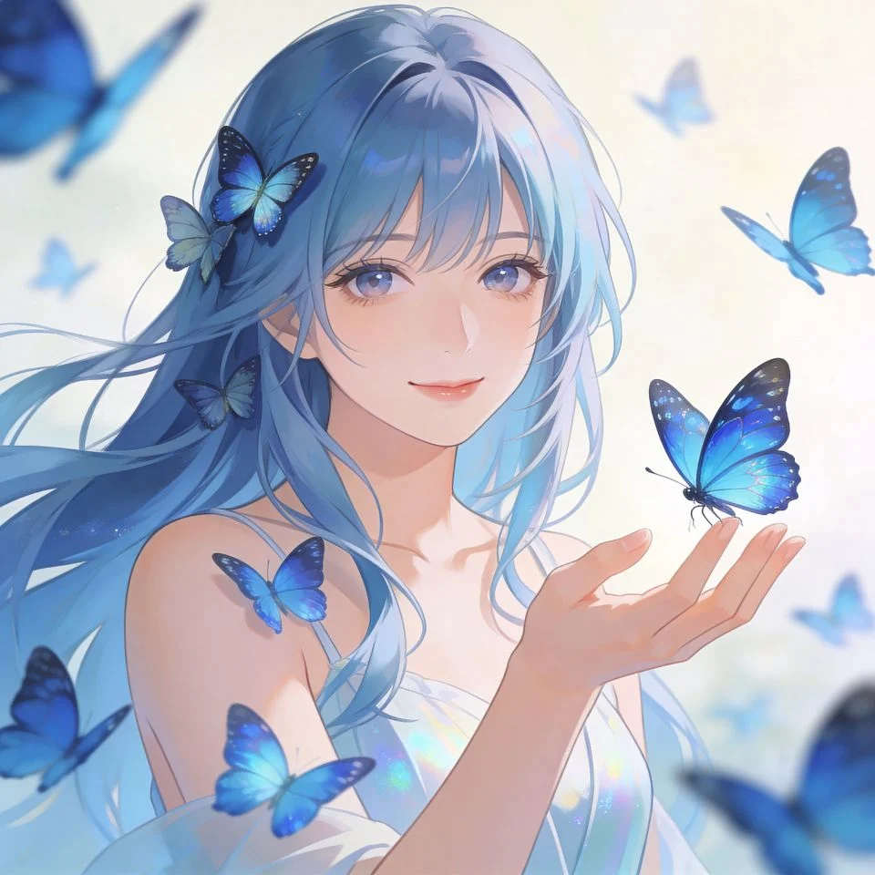 Blue butterfly aesthetic pfp with anime girl surrounded by butterflies ideal for kawaii Discord and TikTok aesthetic avatars