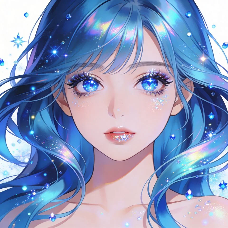 Blue glitter anime girl pfp with sparkle effects and kawaii aesthetic ideal for glamorous Discord and TikTok avatars